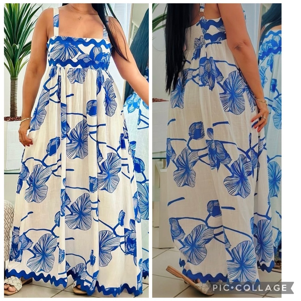 WHITE CLOSET ELEMENTS Women’s Blue White Floral Ric Rac Linen Blend Maxi Size S